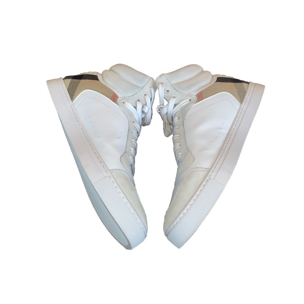 Burberry - Men's Reeth Leather House Check High-Top Sneakers White Size 12 - Picture 9 of 16